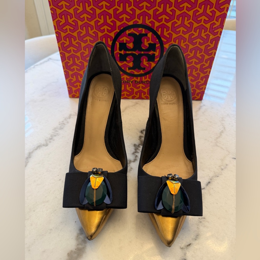 Tory Burch Black and Bronze Beetle Heels Rare